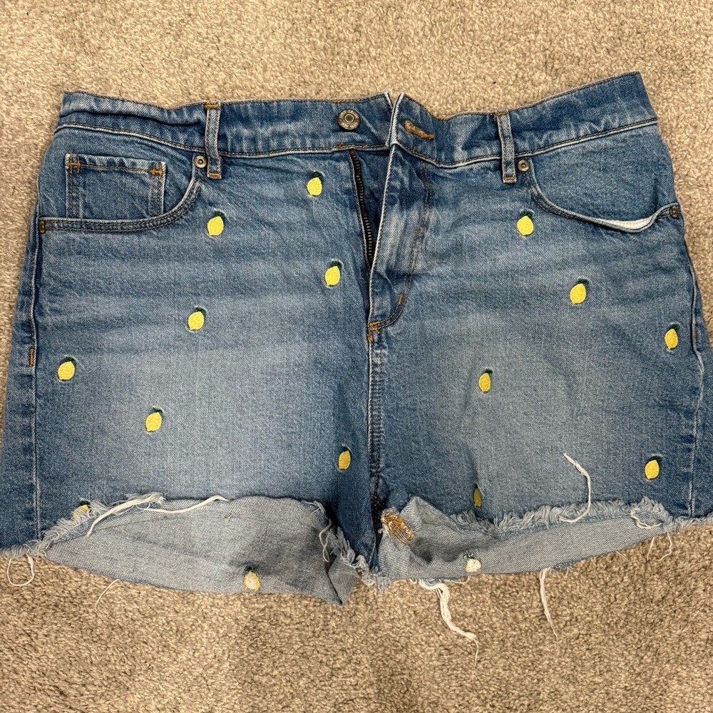 LOFT High Rise Denim Cutoff Shorts with Lemon Embroidery Size 31 EUC